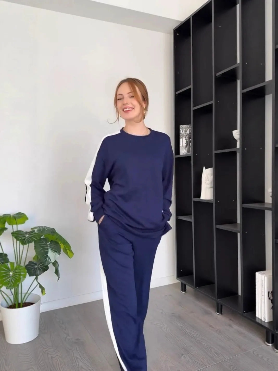Women's Casual Color Matching Sports Two-piece Set Spring Autumn Fashion Round Neck Top+pants Suit With Slit Design Lady Outfit