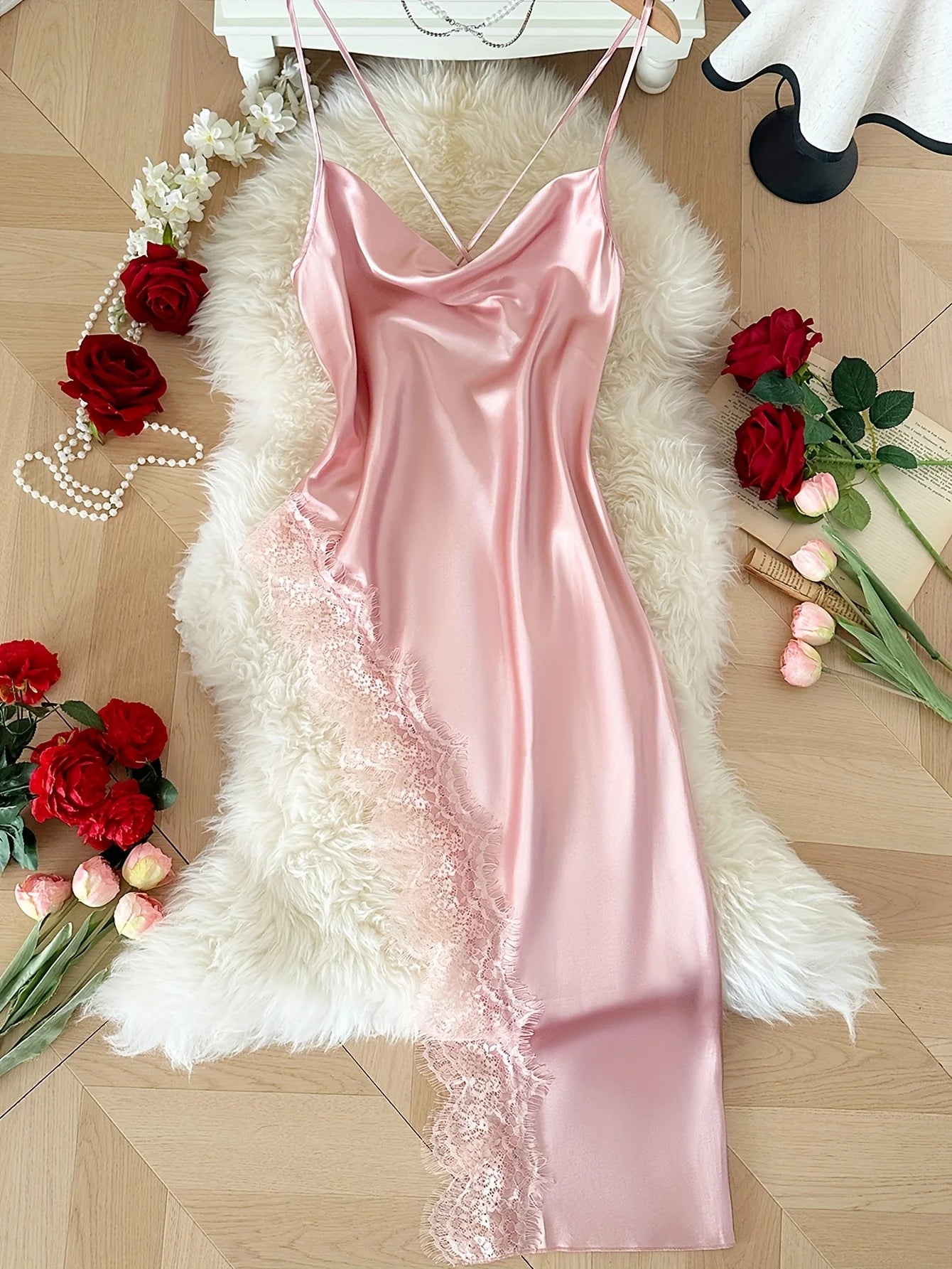 Lace Patchwork Satin Nightgown