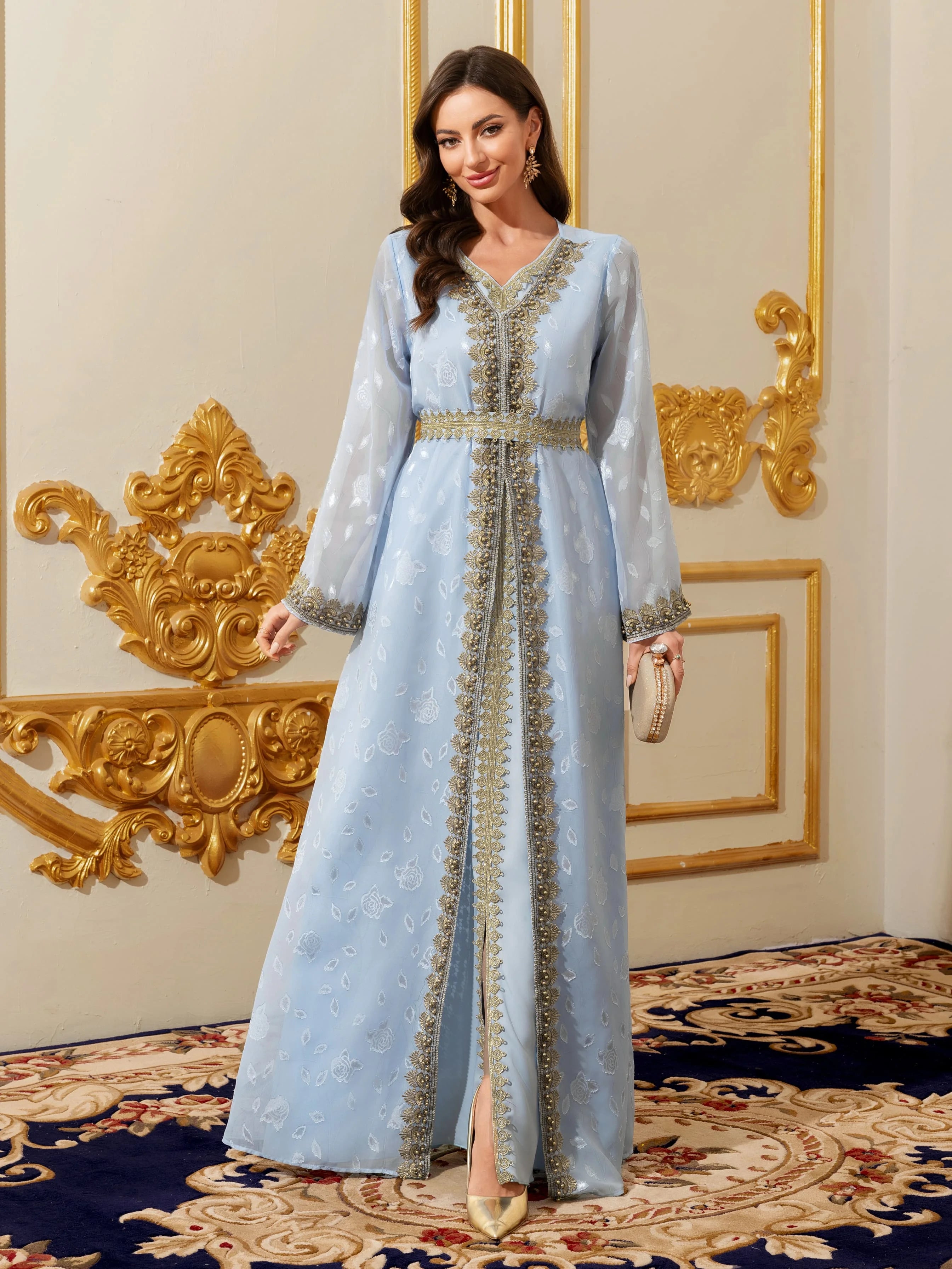 Moroccan Floral Kaftan Abaya with Belt