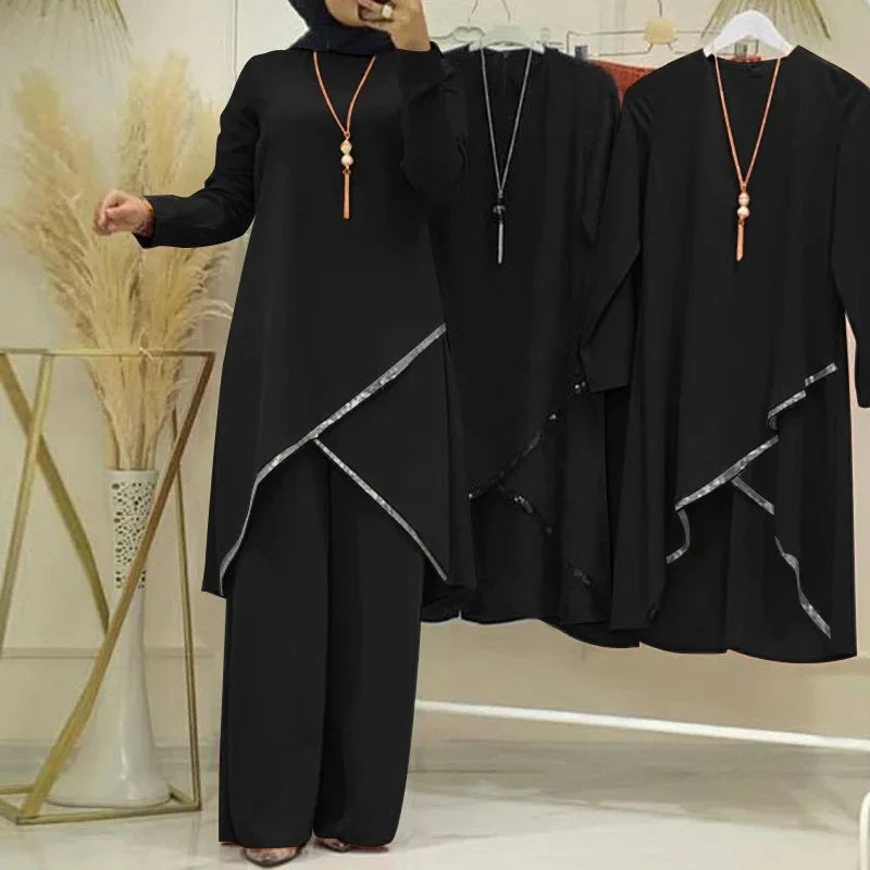Women Muslim Wide Leg Pants Sets Fashion Sequins Islamic Clothing Loose Matching Sets Tracksuit Long Sleeve Blouse Abaya Suits
