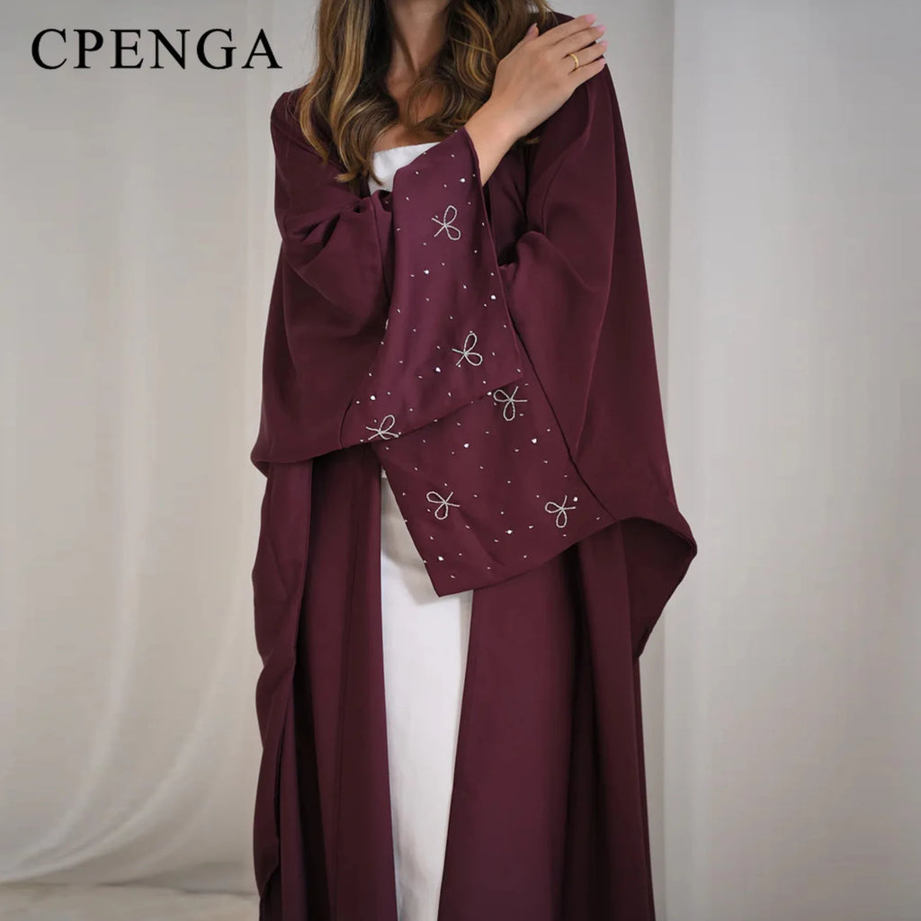 Beaded Bow Open-Front Cardigan Abaya