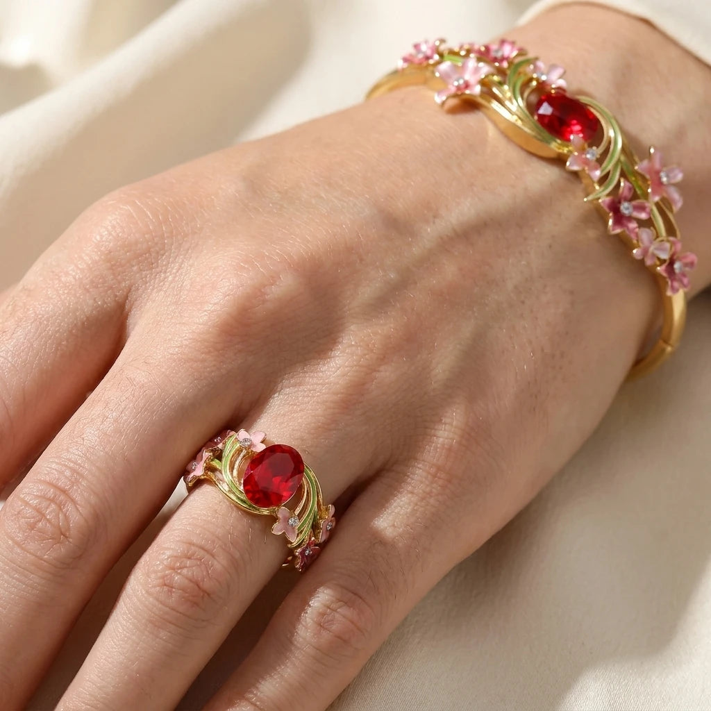 Enamel Flower Copper Bangle Bracelet
