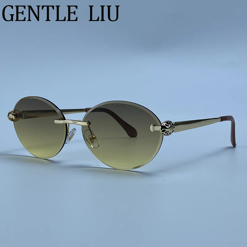 Steampunk Oval Rimless Sunglasses Women 2026 Luxury Brand Vintage Leopard Head Metal Frame Sun Glasses For Lady Driving Eyewear