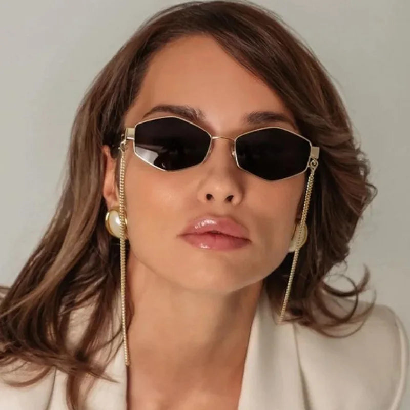 Fashionable Polygonal Metal Sunglasses For Women, Retro Personalized Street Style Sunglasses, Outdoor Casual Chain Sunglasses