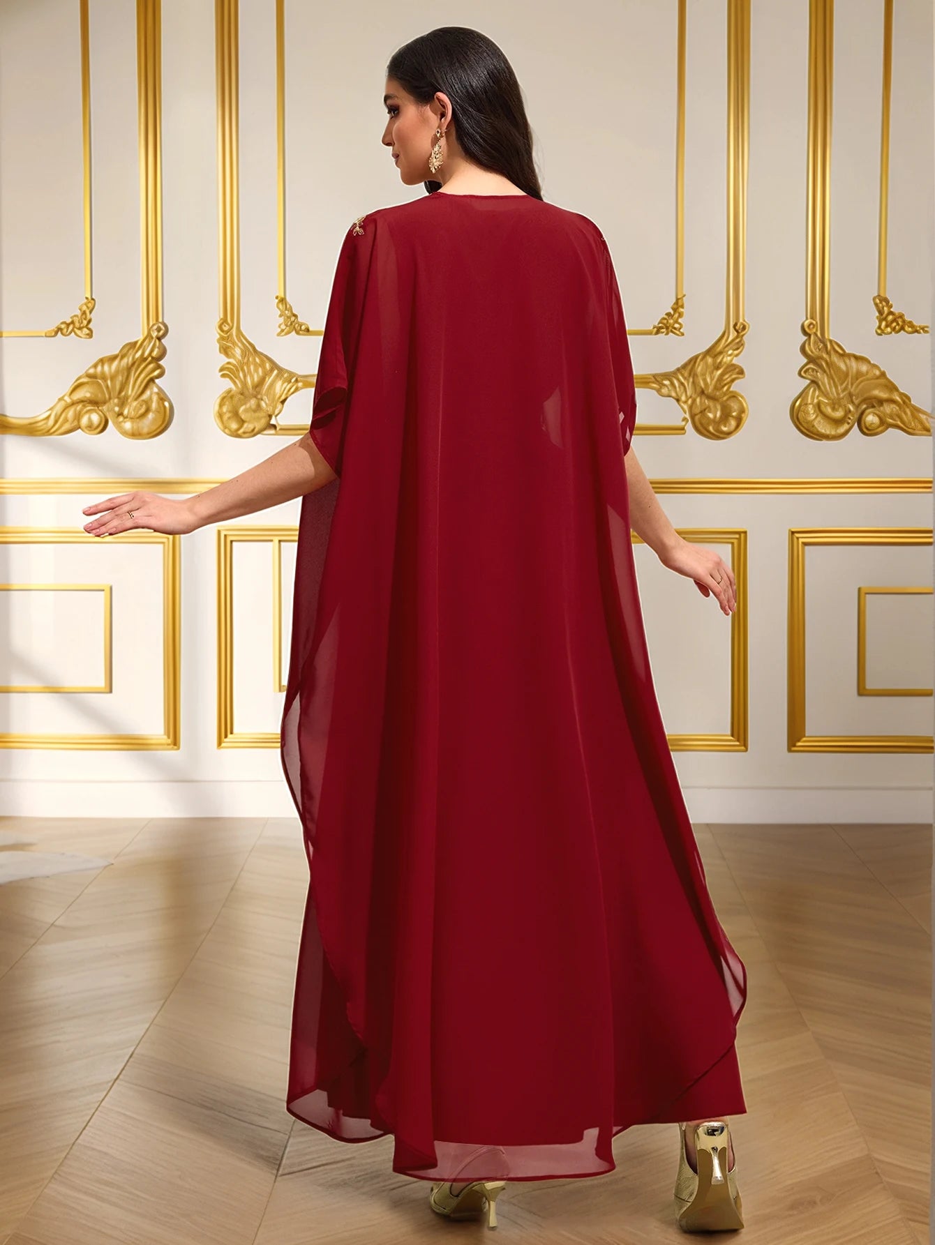 Burgundy Gold-Embroidered Cape-Sleeve Abaya Gown