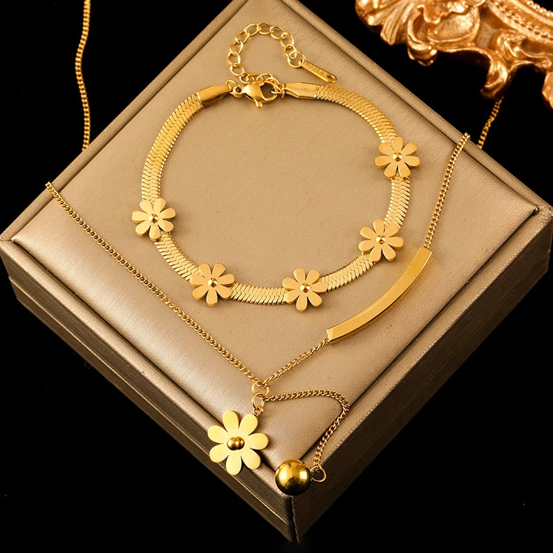 Gold Flower Stainless Steel Necklace & Bracelet Set