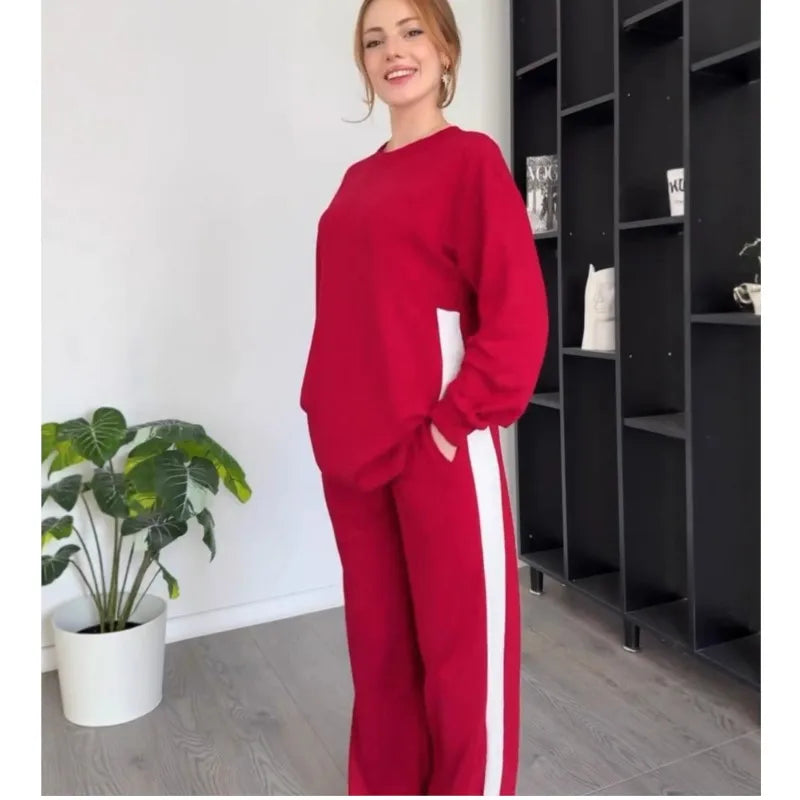 Women's Casual Color Matching Sports Two-piece Set Spring Autumn Fashion Round Neck Top+pants Suit With Slit Design Lady Outfit
