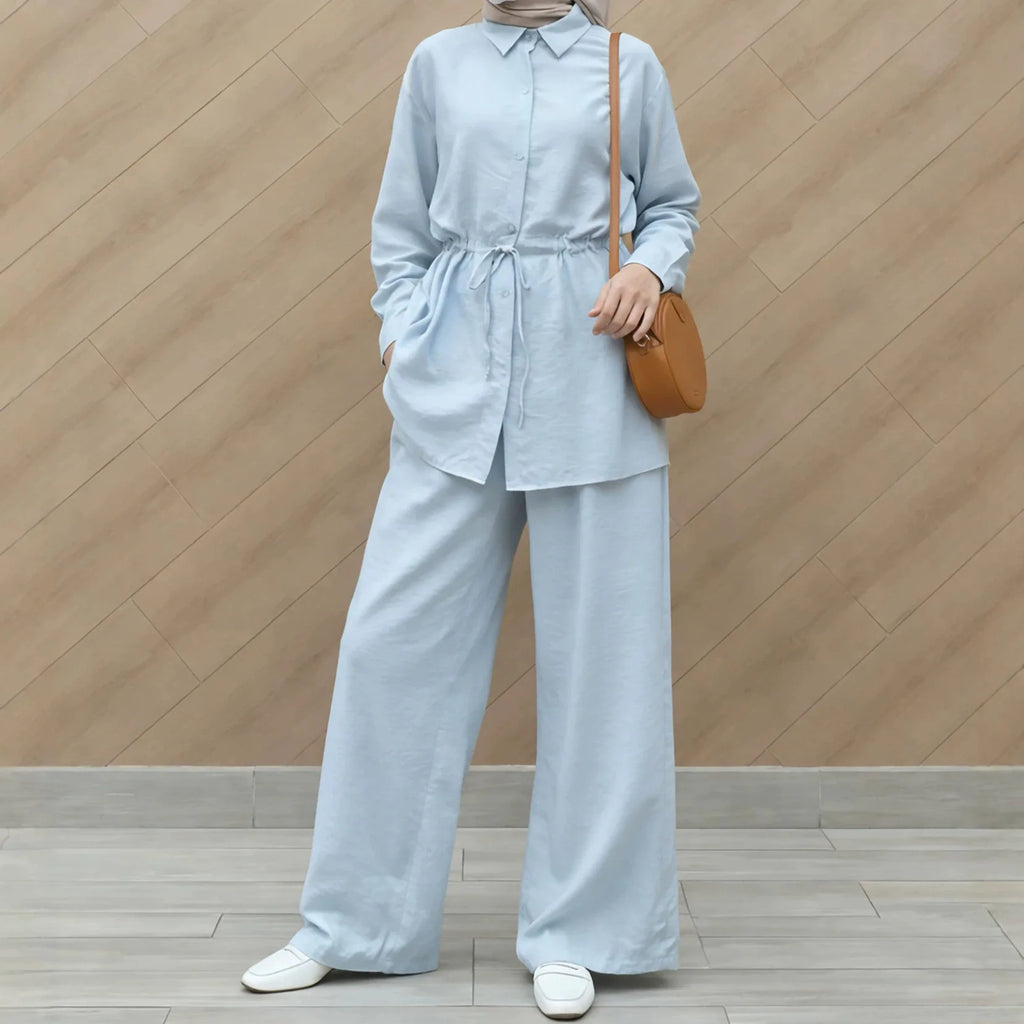 Shirts Suit Women Eid Shirt Wide Leg Pants 2 Piece Set Muslim Morocco Top Trousers Outfits Drawstring Ramadan Dubai Ensemble