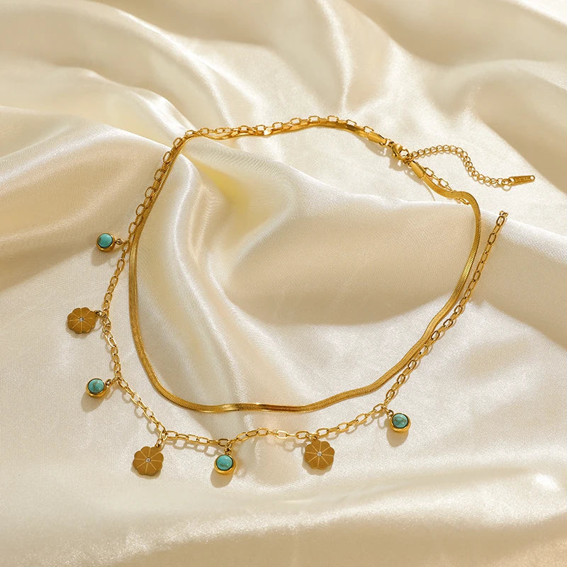 Green Stone Multilayer Pendant Necklace