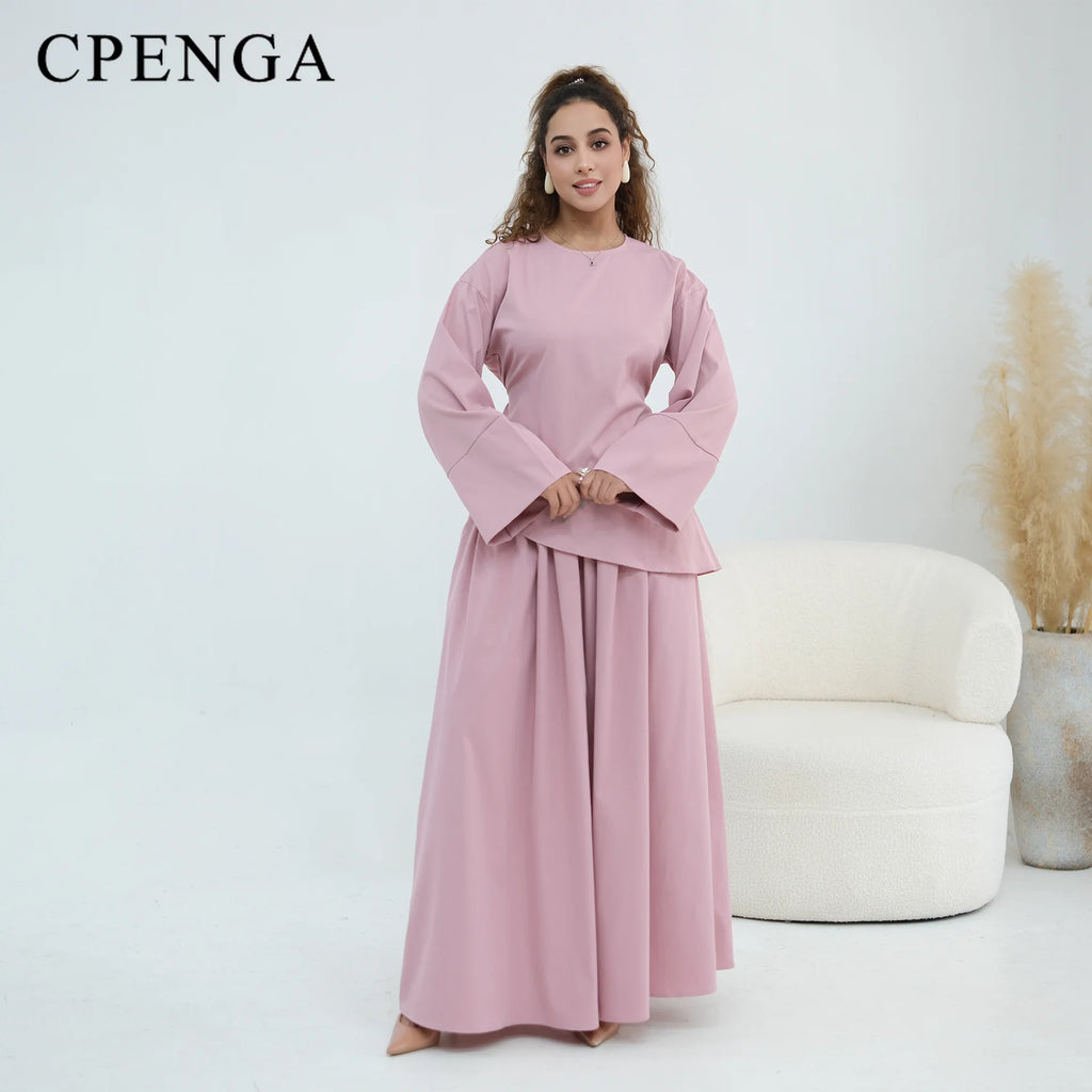 Elegant Women's 2 Piece Abaya Set Muslim Clothing Long Sleeve Top and Pleated Skirt Islamic Traditional Matching Turkey Outfit