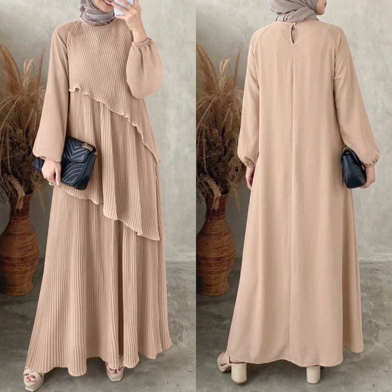 Layered Plissé Lantern Sleeve Abaya Maxi Dress