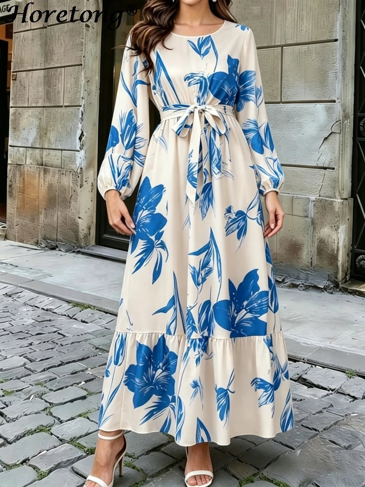 Floral Print Round Neck Ruffle Hem Modest Maxi Dress