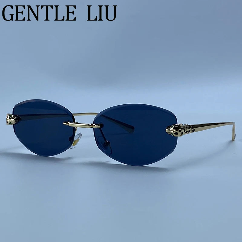 Vintage Hexagon Rimless Sunglasses Women 2026 Luxury Brand Trendy Gold Leopard Head Y2K Punk Sun Glasses Travelling Eyewear