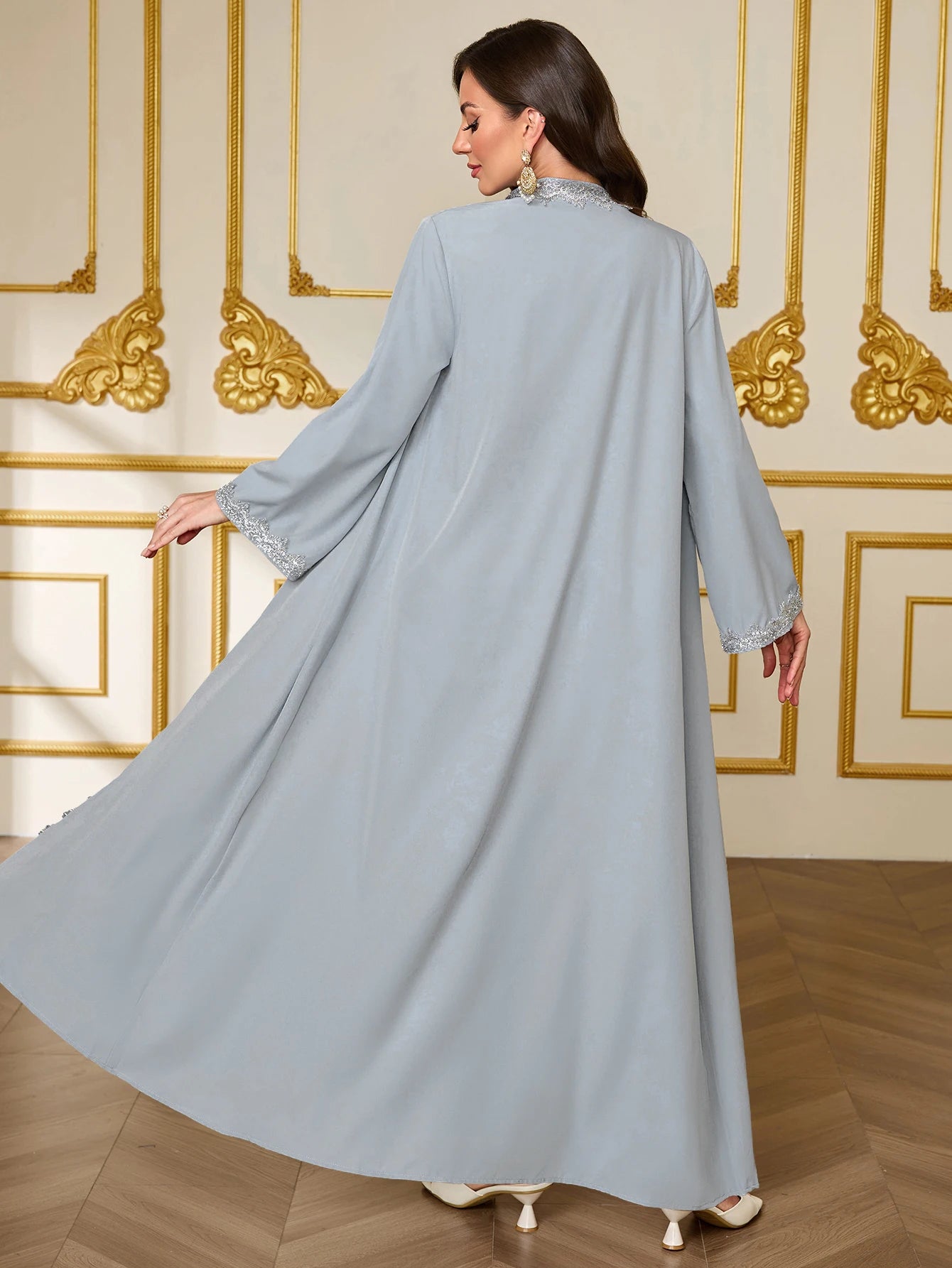 French-Style Lace Embroidered Open Abaya Dress Set