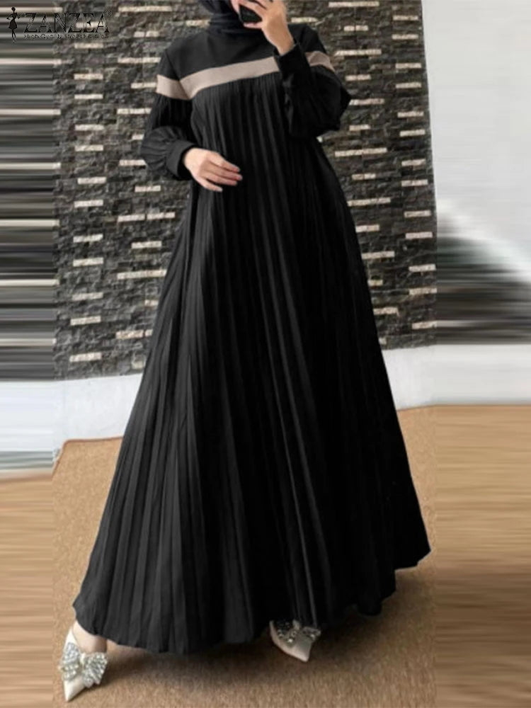 Lantern Sleeve Patchwork Pleated Abaya Maxi Dress