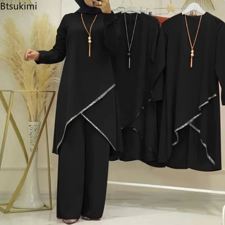Women Muslim Wide Leg Pants Sets Fashion Sequins Islamic Clothing Loose Matching Sets Tracksuit Long Sleeve Blouse Abaya Suits