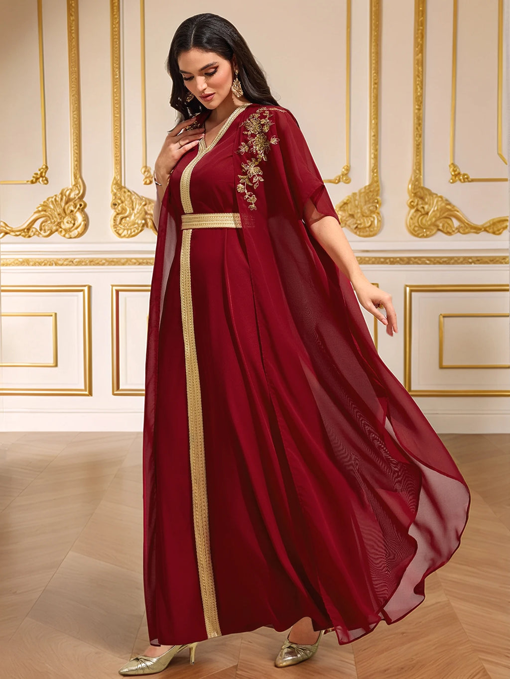 Burgundy Gold-Embroidered Cape-Sleeve Abaya Gown