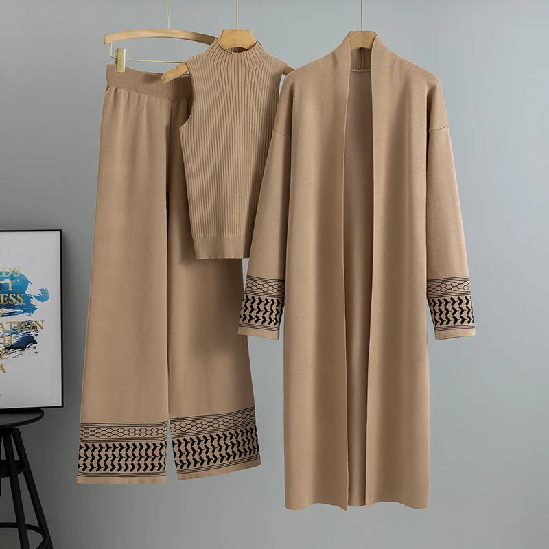 Plaid 3-Piece Set – Elegant Knit Top & Wide-Leg Pants