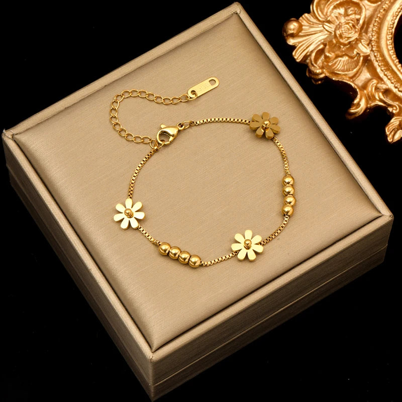 Gold Flower Stainless Steel Necklace & Bracelet Set