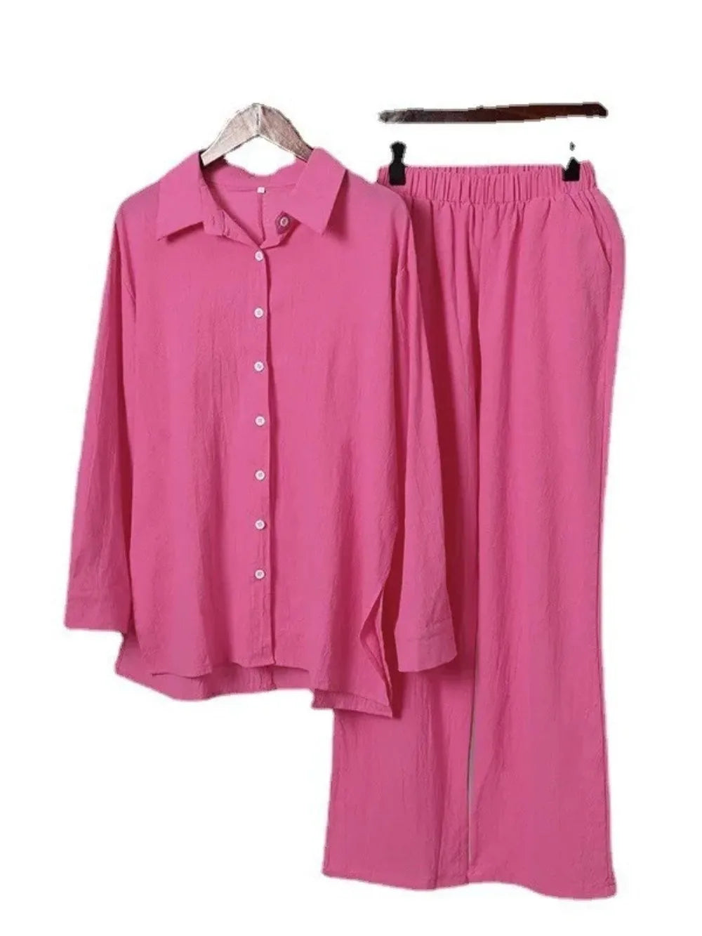 Women Muslim Set Wide Leg Pants Set Two Piece Set Cotton Linen Buttons Shirt Suit Ramadan Eid Dubai Ensemble Arabic Outfits