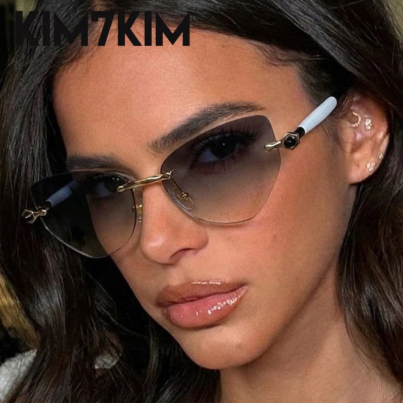 Vintage Rimless Cat Eye Sunglasses Women 2026 Luxury Brand Trendy Punk Polygon Sun Glasses For Lady Retro Outdoor Eyewear Shades