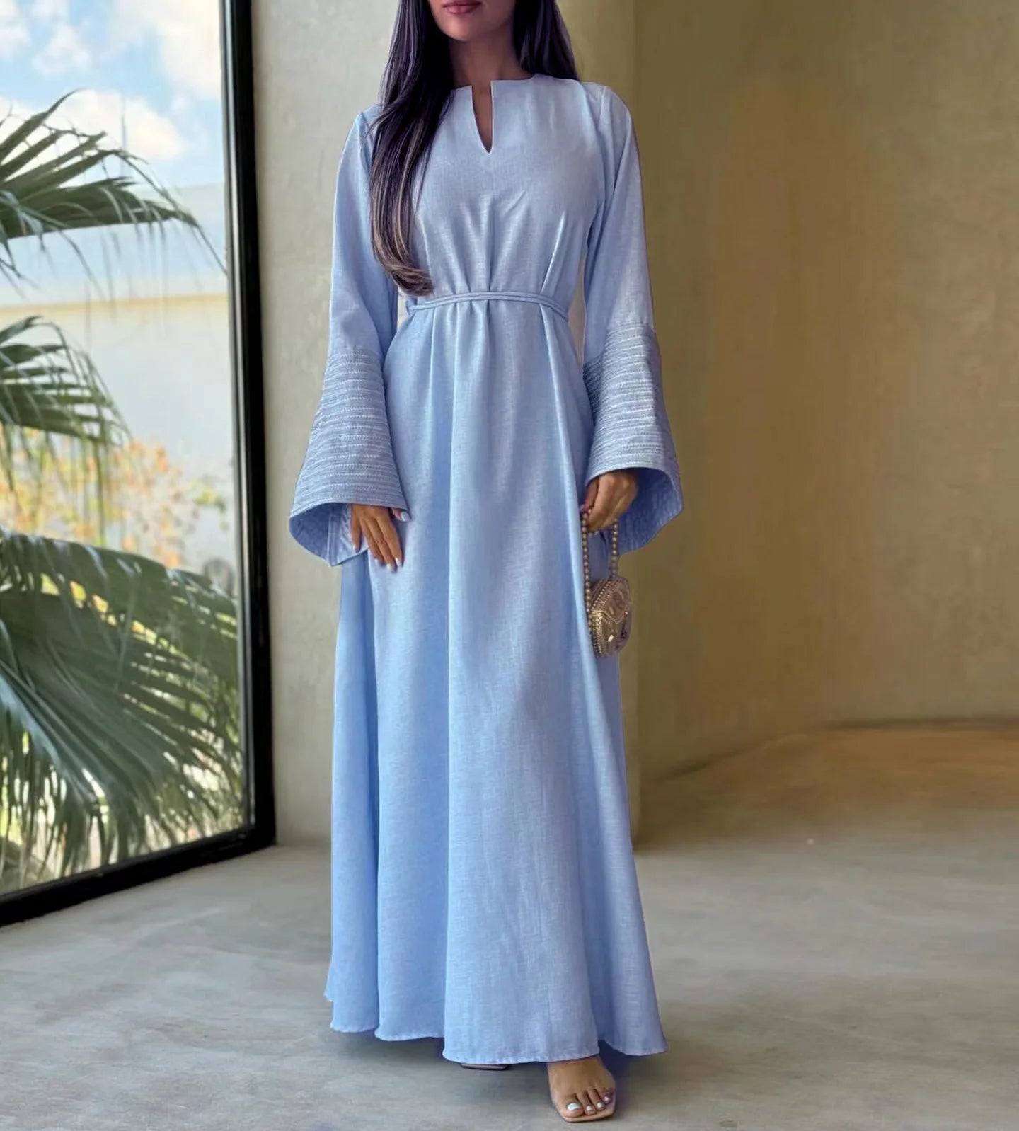 Palestine Embroidery Belted Linen Abaya