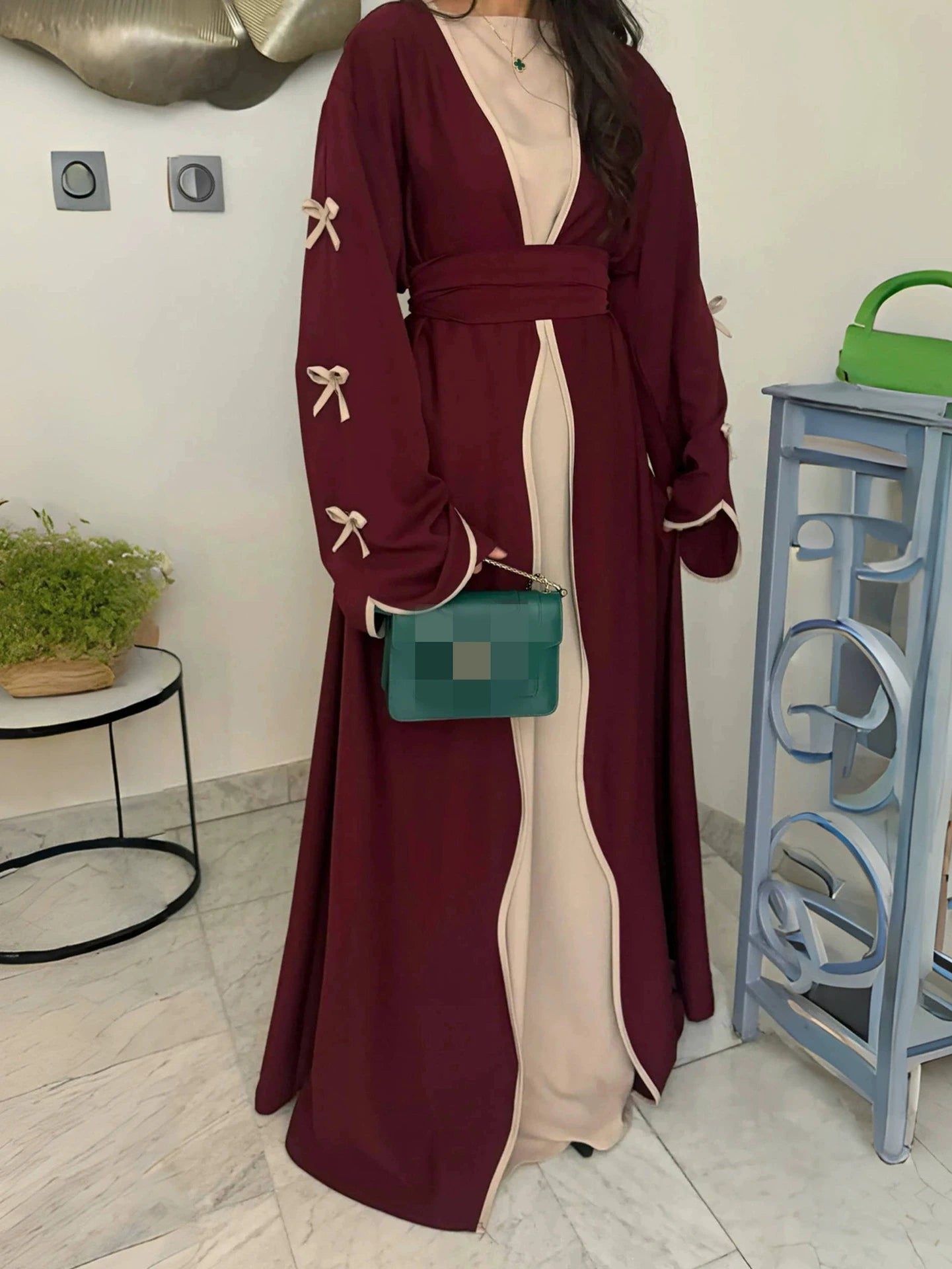 Bow Lace-Up Floral Kaftan Abaya Dress