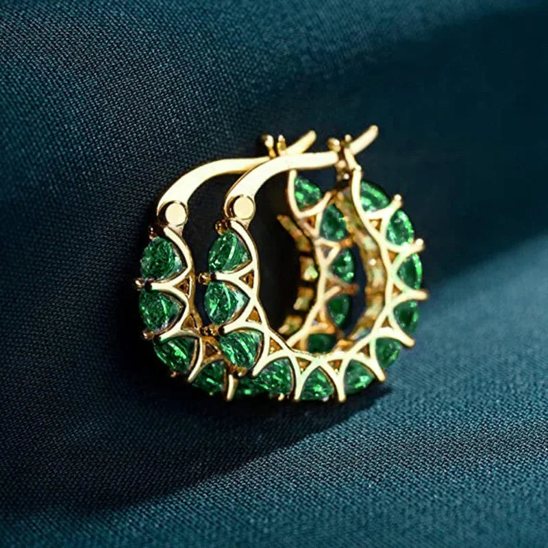 Green Crystal Zircon Gold Hoop Earrings