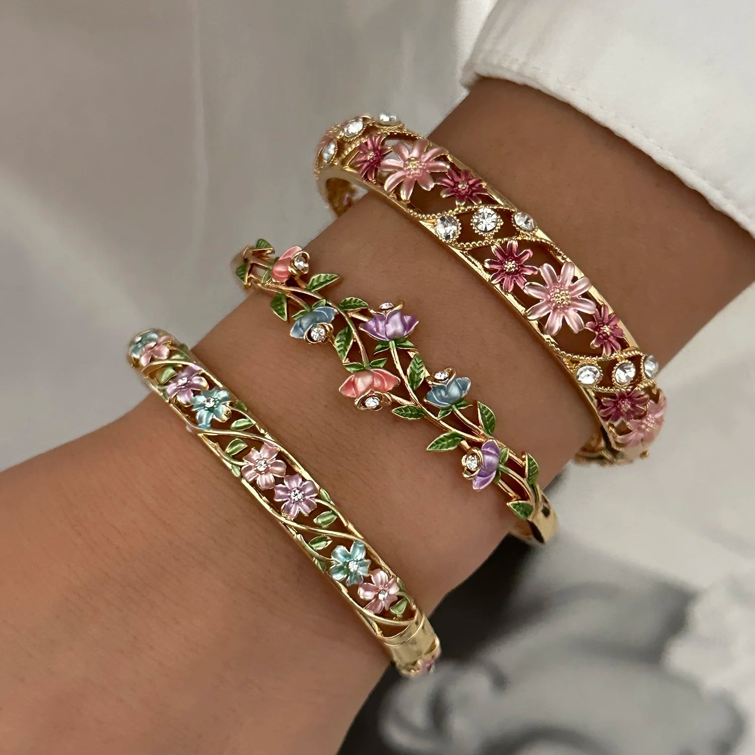 Enamel Flower Copper Bangle Bracelet