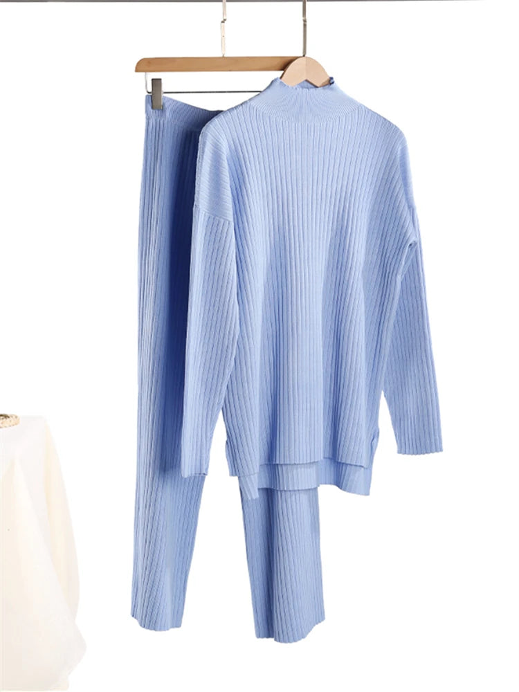 Women's Knit 2-Piece Set – High-Waist Wide-Leg Pants
