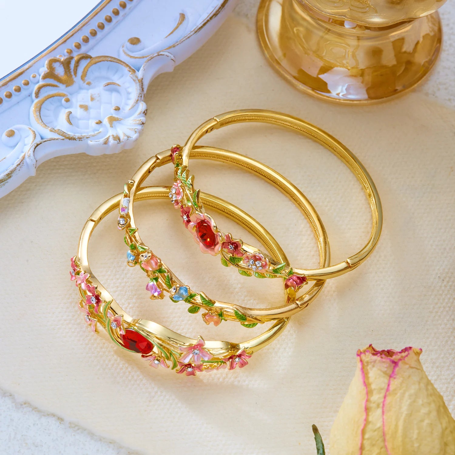 Enamel Flower Copper Bangle Bracelet