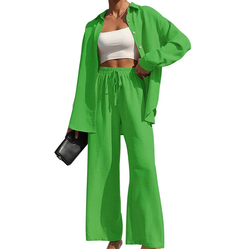 Button Shirt & Wide Leg Pants Two-Piece Set