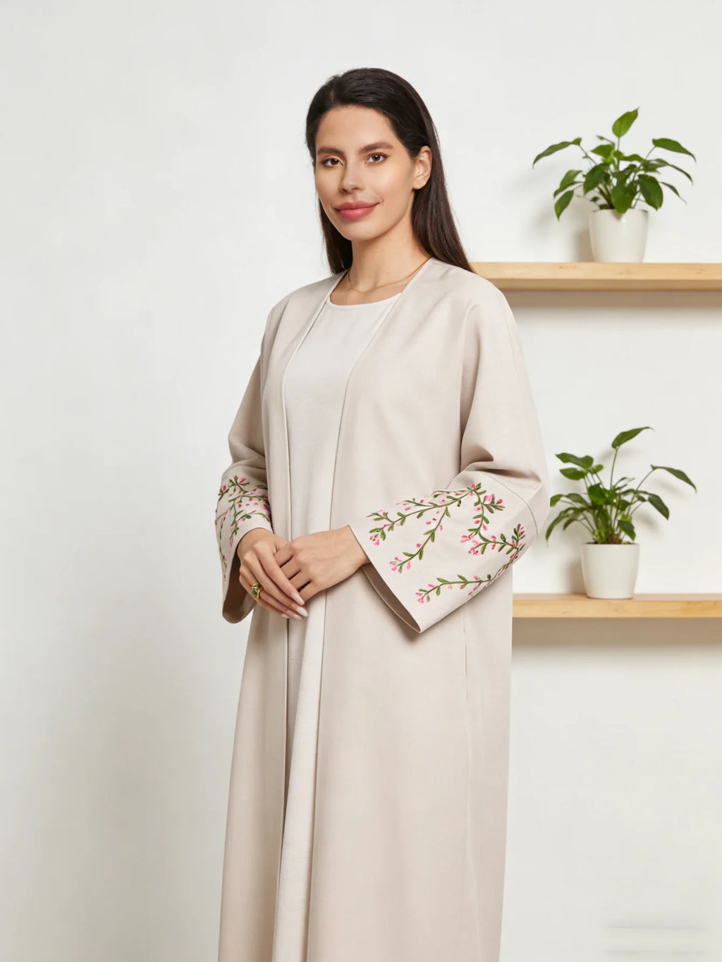 Floral Embroidery Linen Kimono Abaya