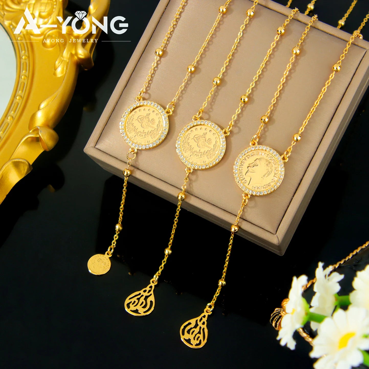 Islamic Gold Coins Long Pendant Necklace