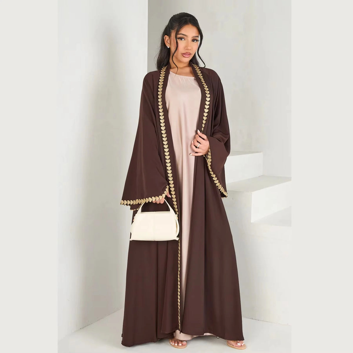 Muslim Womens Abaya with Gold Heart Loose Long Ideal for Islamic Modest Fashion Daily Wear Prayers Weddings Religious Events