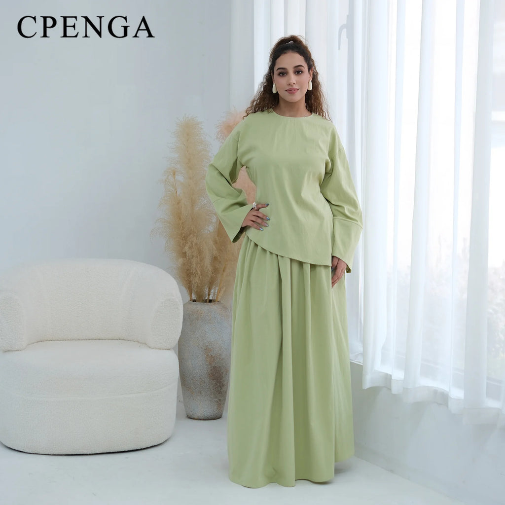 Elegant Women's 2 Piece Abaya Set Muslim Clothing Long Sleeve Top and Pleated Skirt Islamic Traditional Matching Turkey Outfit