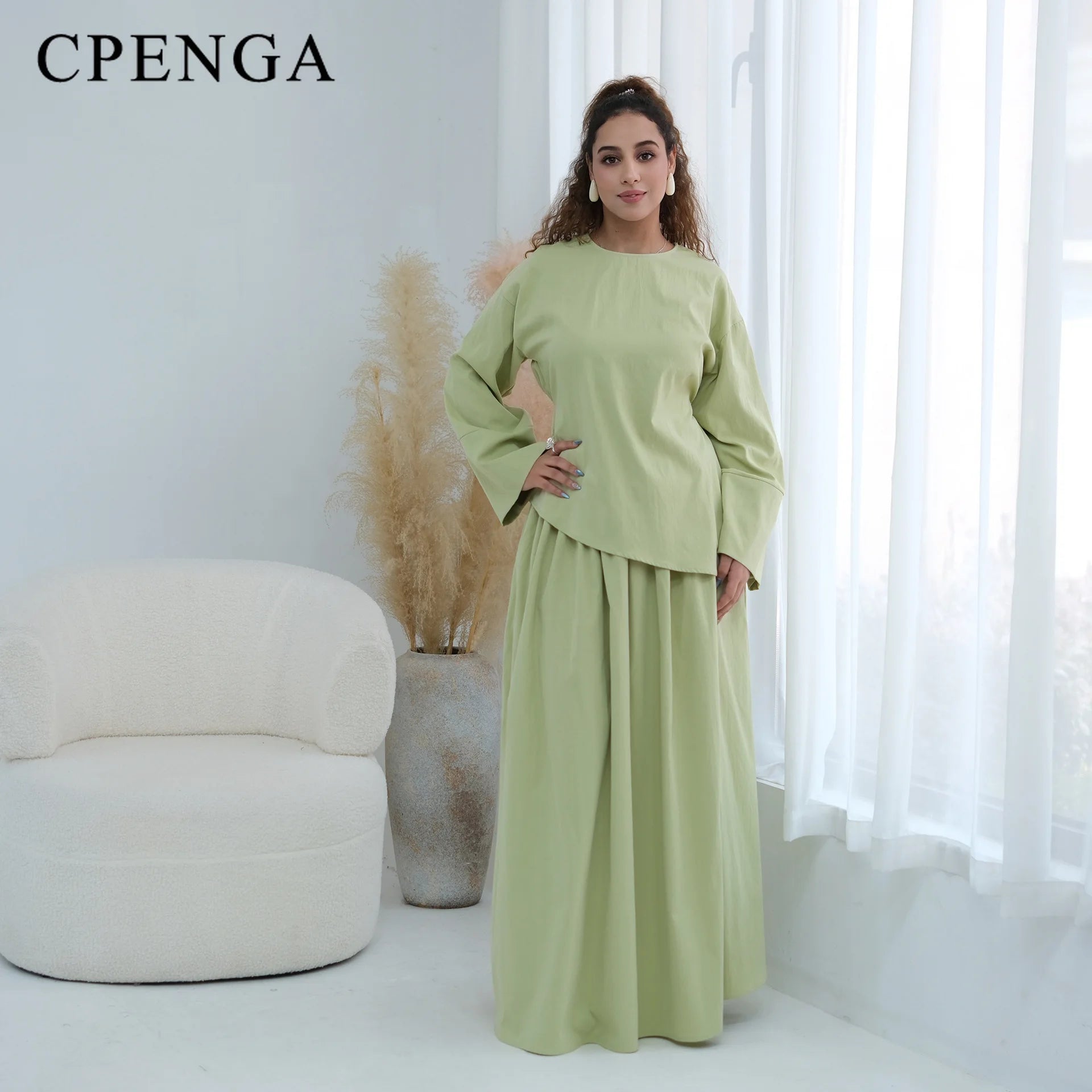 Elegant Women's 2 Piece Abaya Set Muslim Clothing Long Sleeve Top and Pleated Skirt Islamic Traditional Matching Turkey Outfit