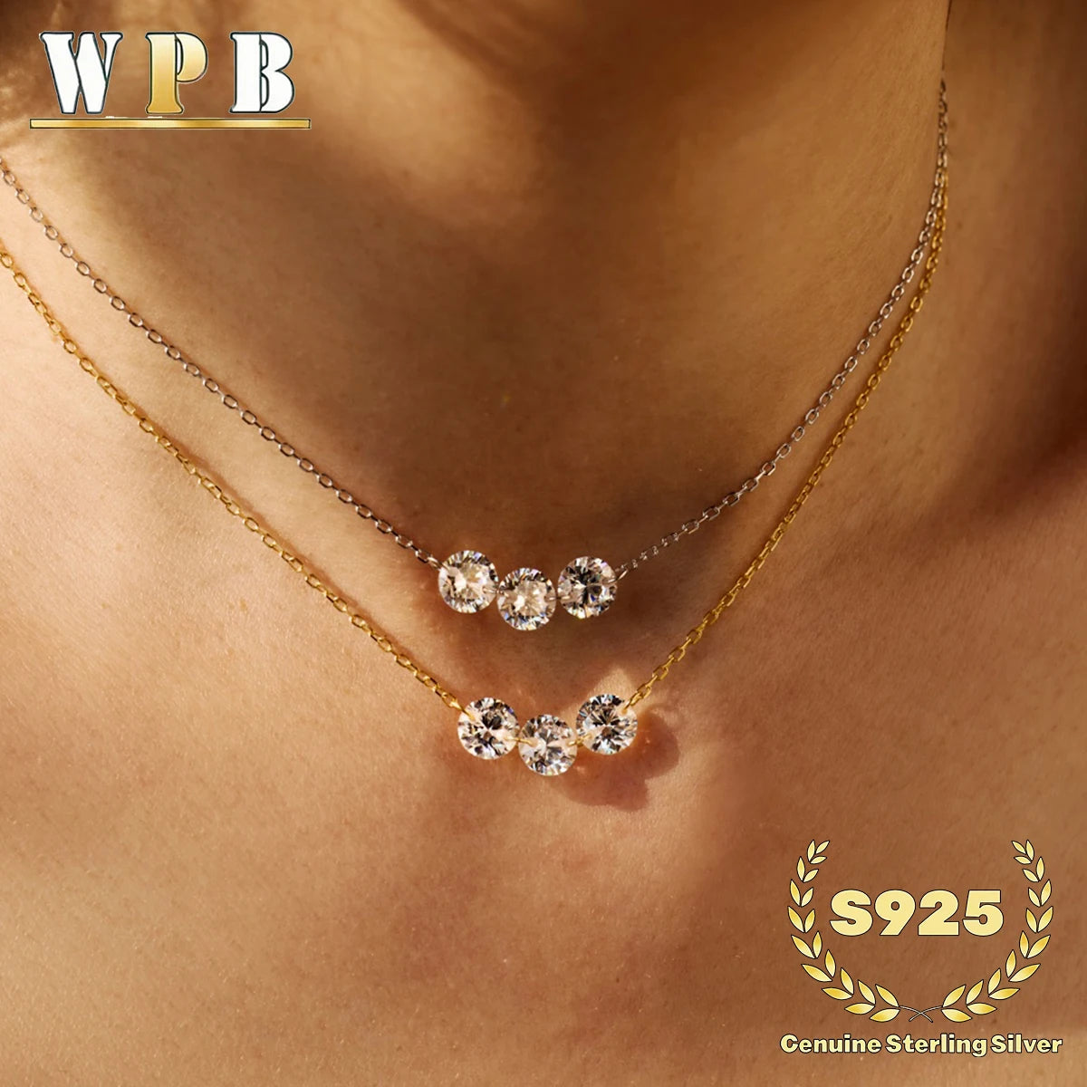 S925 Silver Triple Zircon Sliding Necklace