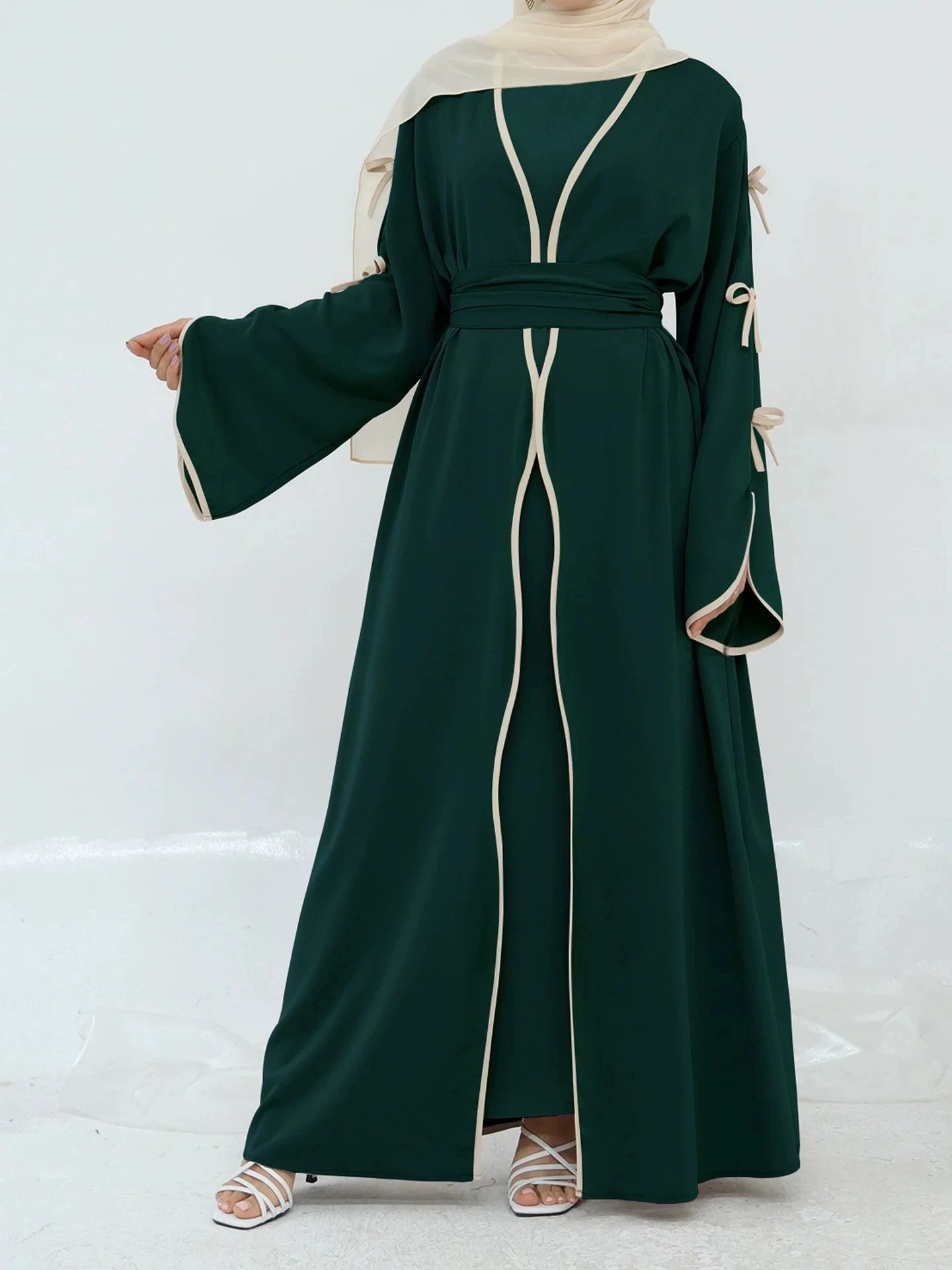 Bow Lace-Up Floral Kaftan Abaya Dress