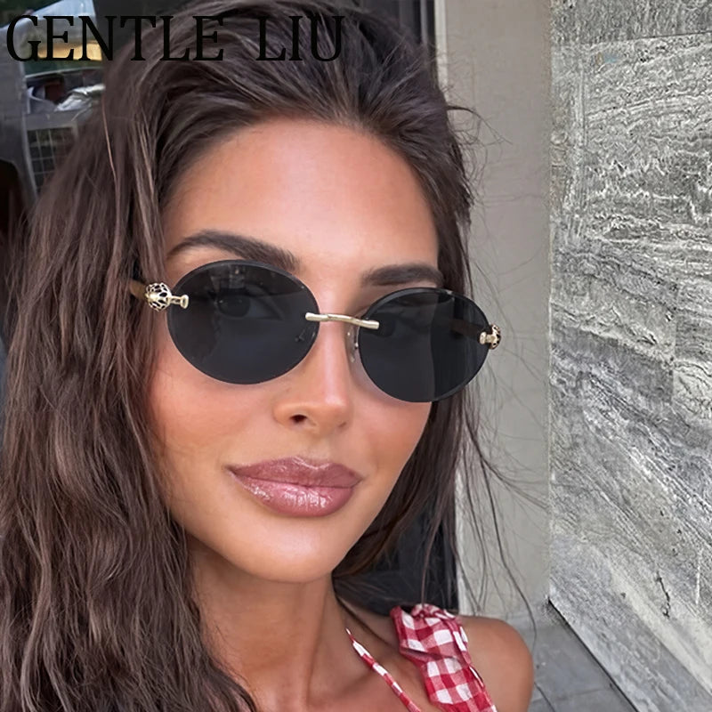 Steampunk Oval Rimless Sunglasses Women 2026 Luxury Brand Vintage Leopard Head Metal Frame Sun Glasses For Lady Driving Eyewear