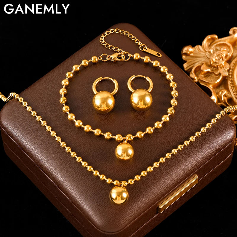Gold Bead Ball Necklace Bracelet & Earrings Set