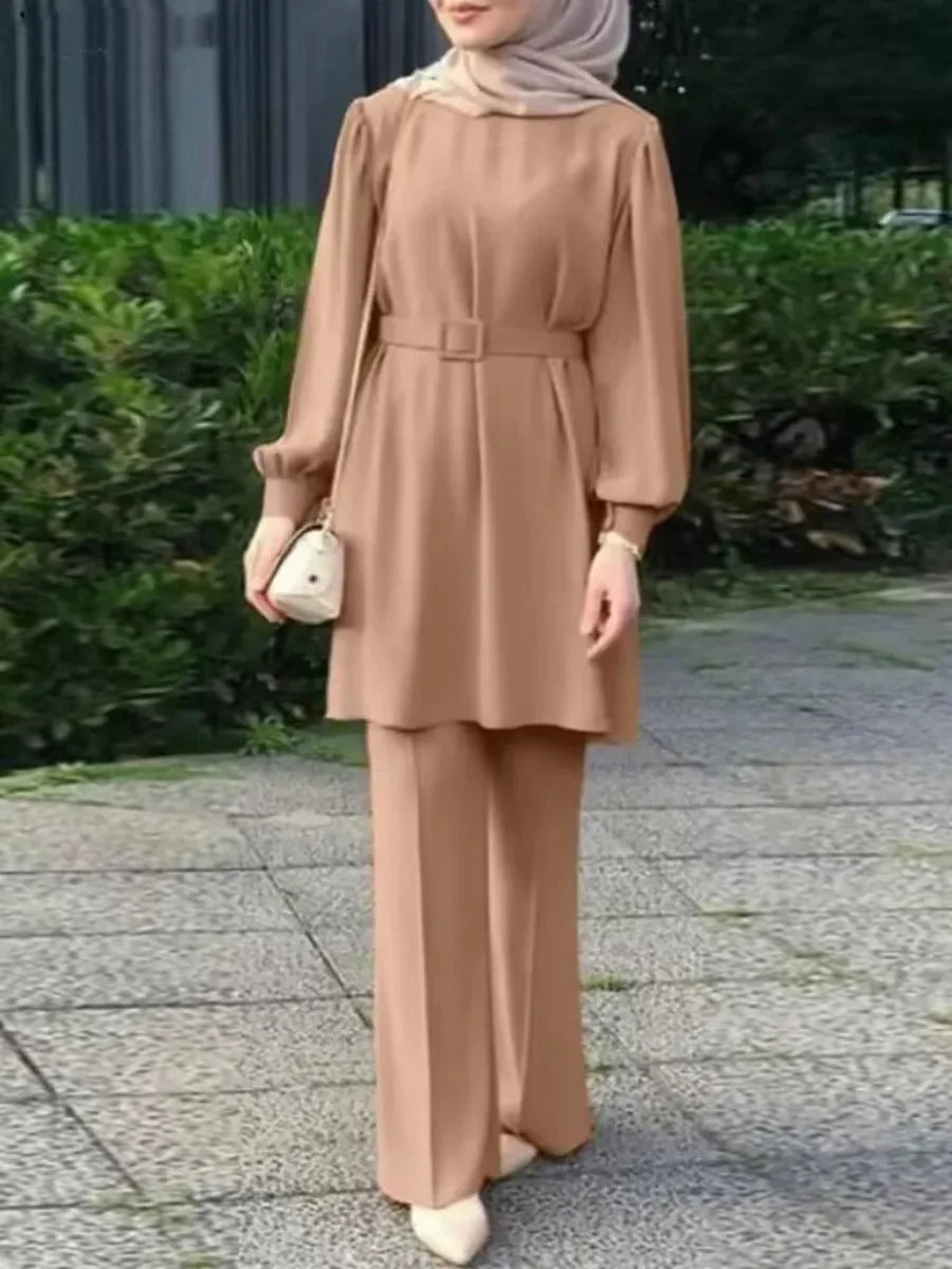 Lace-Up Blouse & Wide Leg Pants Abaya Set
