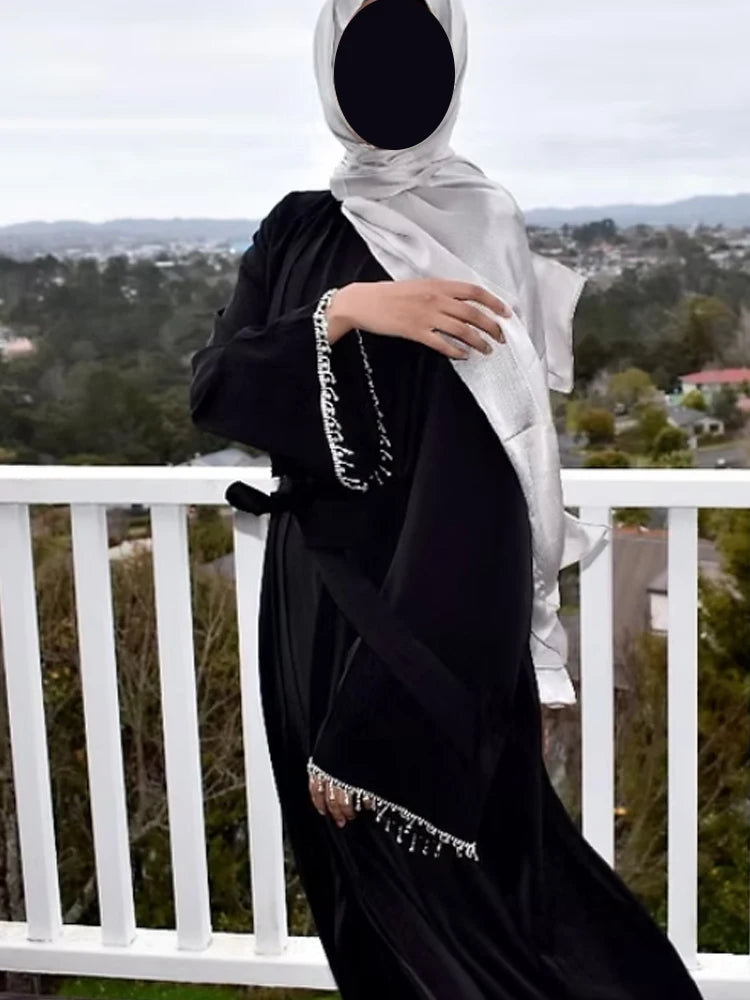 Crystal Chain Nida Black Abaya Evening Dress Set