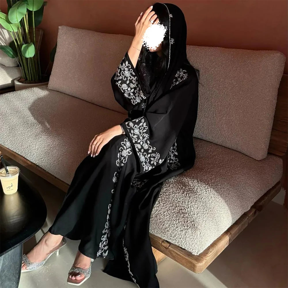 French Gold-Embellished Beaded Open Abaya