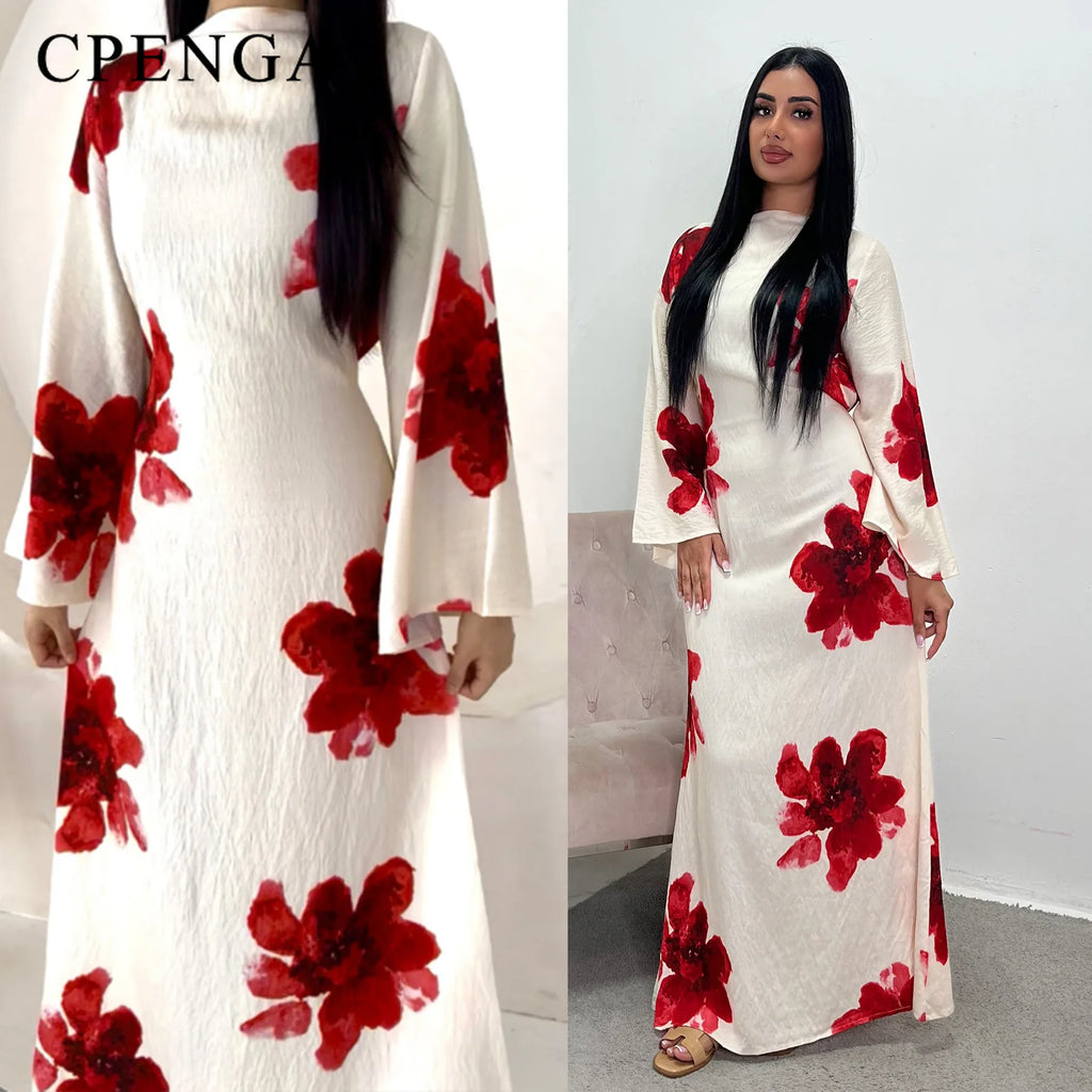 Arabesque Bell Sleeve Floral Print Maxi Abaya Dress