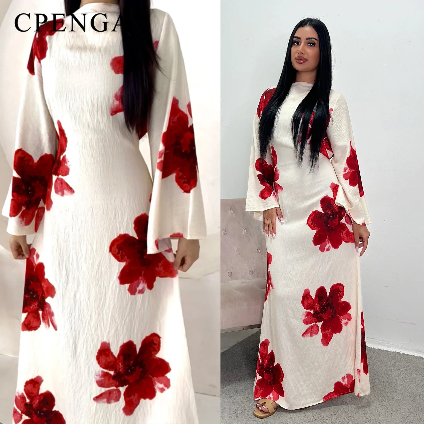 Arabesque Bell Sleeve Floral Print Maxi Abaya Dress