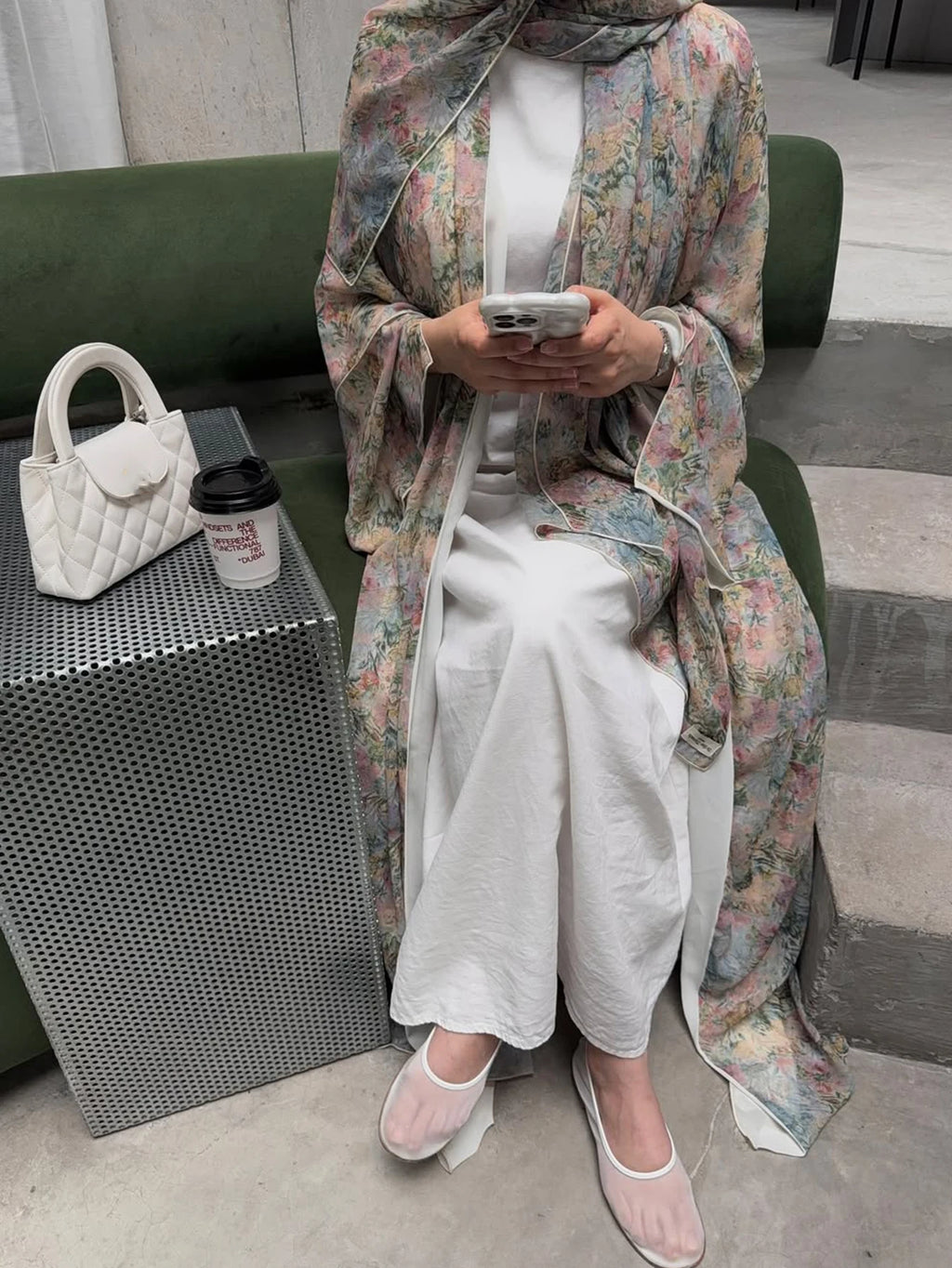 Floral Print Cardigan Abaya with Headscarf