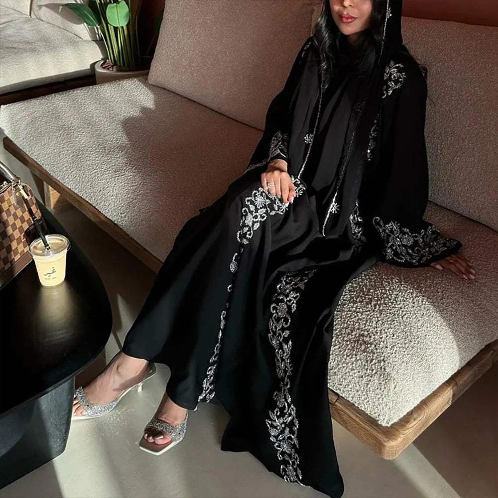 French Gold-Embellished Beaded Open Abaya