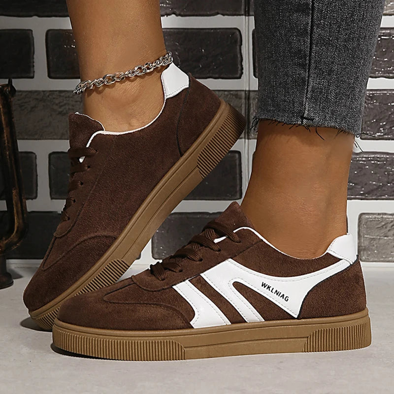 Faux Suede Brown Platform Sneakers Women 2026 Spring Non Slip Flat Heels Casual Walking Shoes Woman Thick Sole Vulcanize Shoes