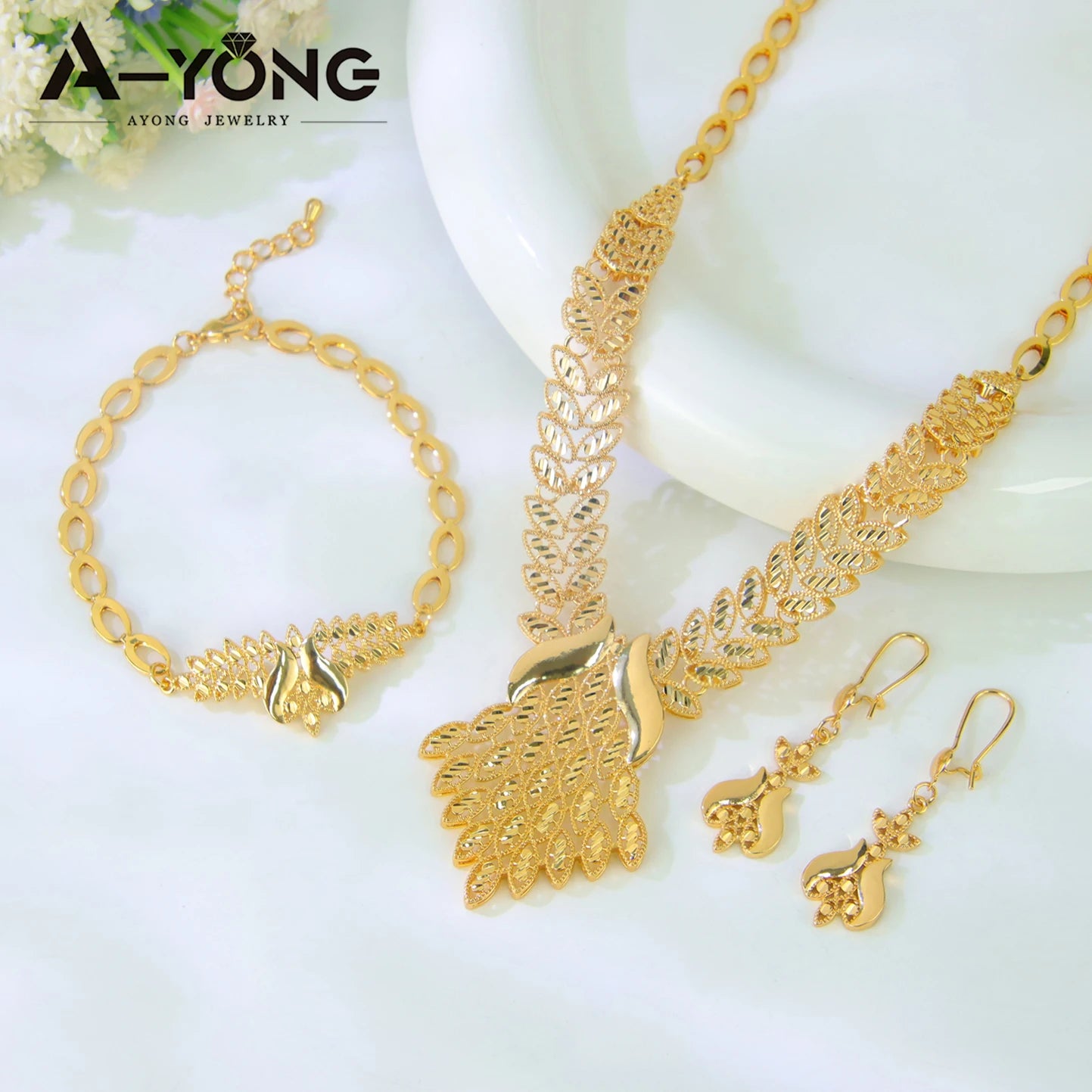 Dubai Wedding Gold Necklace Bracelet & Earrings Set